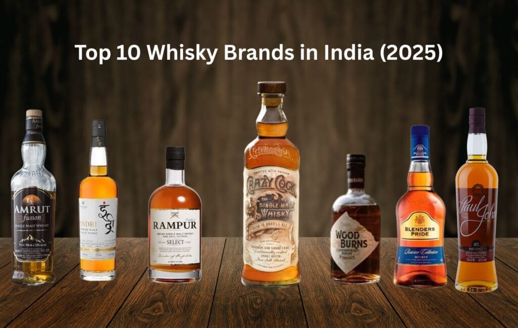 Top 10 Whisky Brands in India with Crazy Cock in the Lead Top 10 whisky brands in India lined up with Crazy Cock in the center