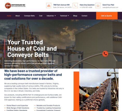 Dhiyohouse Inc industrial conveyor belt manufacturer website showcasing global conveyor solutions